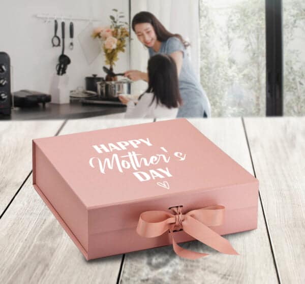 Strivee - Happy Mother's Day Gift Box with Changeable Ribbon Bow - Large Rose Gold with White Text - Present Idea For Mother's Day