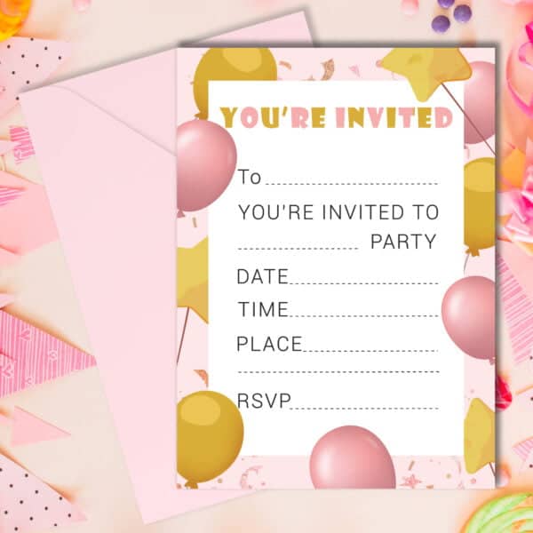 Strivee - Rose Gold Balloon Invitations for Kids | Pink Children's Birthday Party Invites