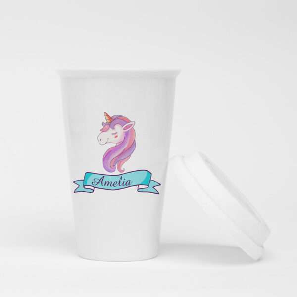 Strivee - Personalised Ceramic Unicorn Travel Mug - Customisable Portable Coffee Cup with Lid