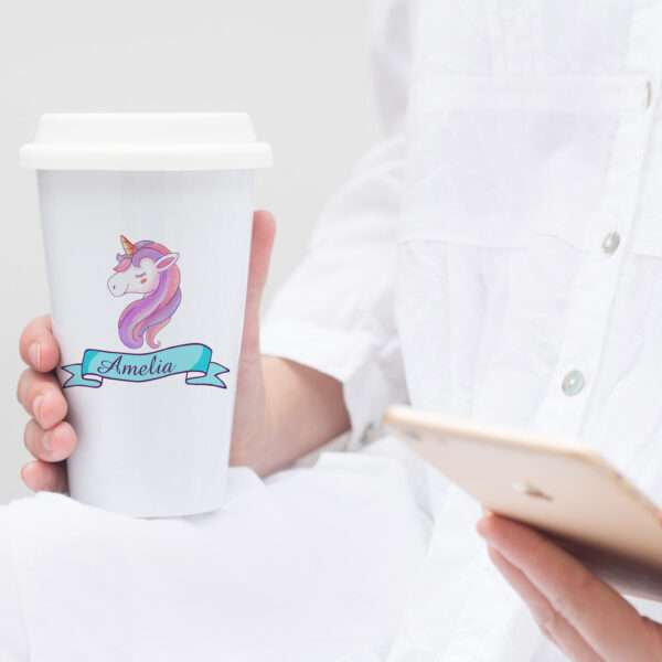Strivee - Personalised Ceramic Unicorn Travel Mug - Customisable Portable Coffee Cup with Lid